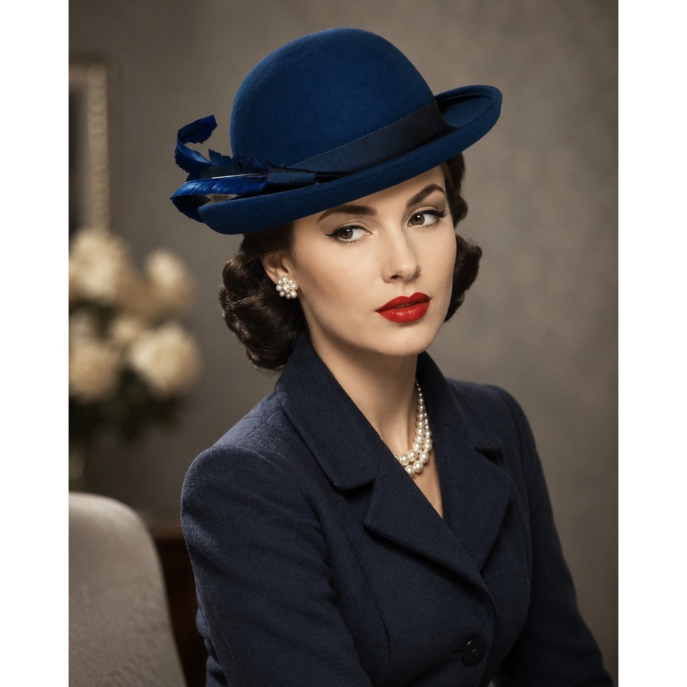Vintage Miss Bierner Teal Blue Wool Felt Bowler Hat Feather Accent 1950s Style